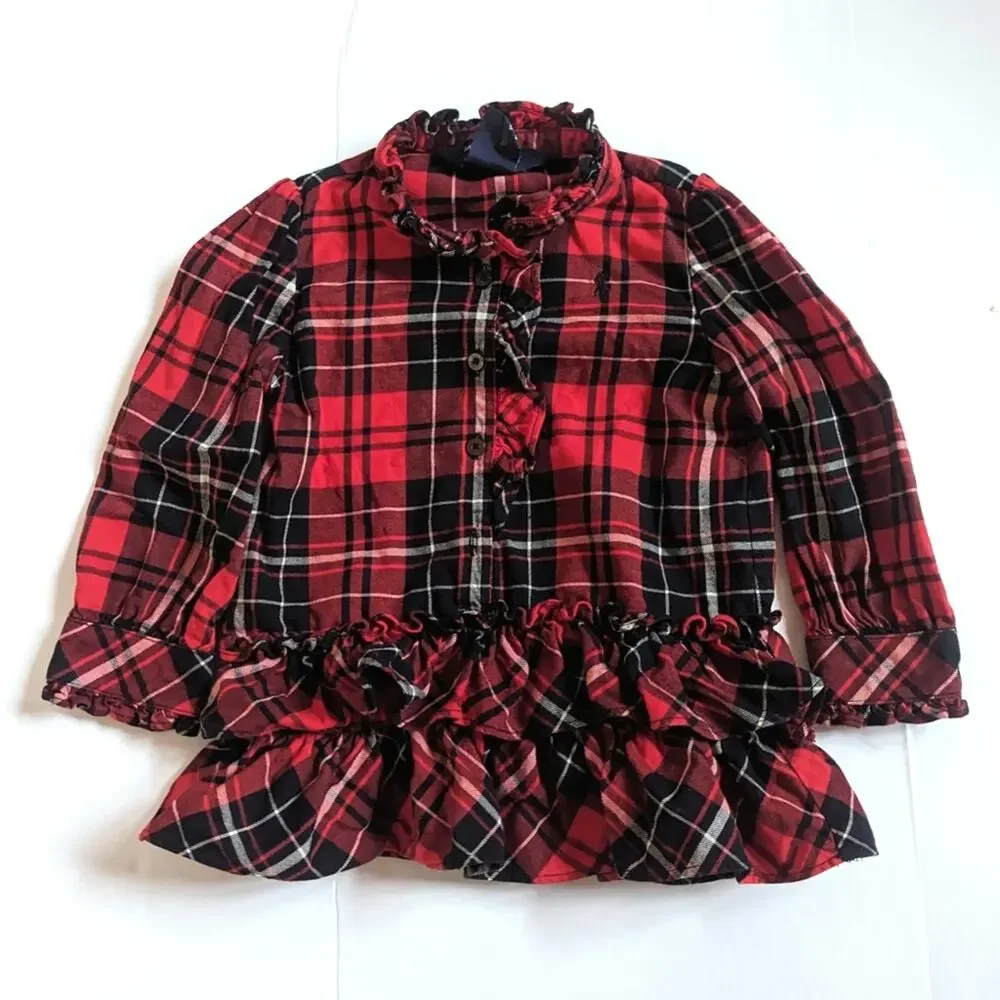 Ralph Lauren Dress Girls Sz 18m Red Plaid Ruffle Preppy Christmas